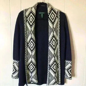 Lauren Ralph Lauren Open Front Navy Aztec Cotton Blend Cardigan Size PXS